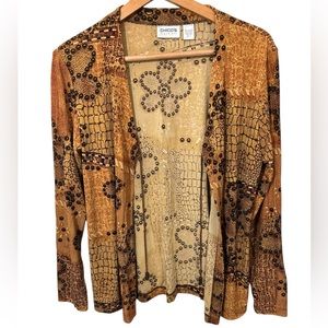 Vtg 80s Chico's Cardigan Womens Med Gold Black Open Shawl funky artsy librarian